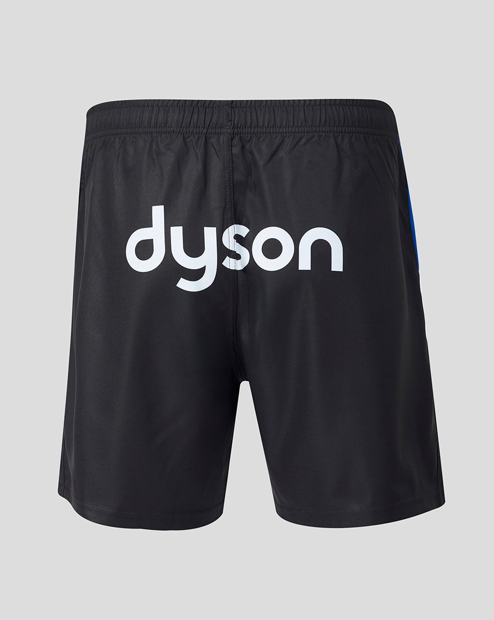 Black athletic shorts with a large white 'dyson' logo printed across the front, shown against a light gray background.
