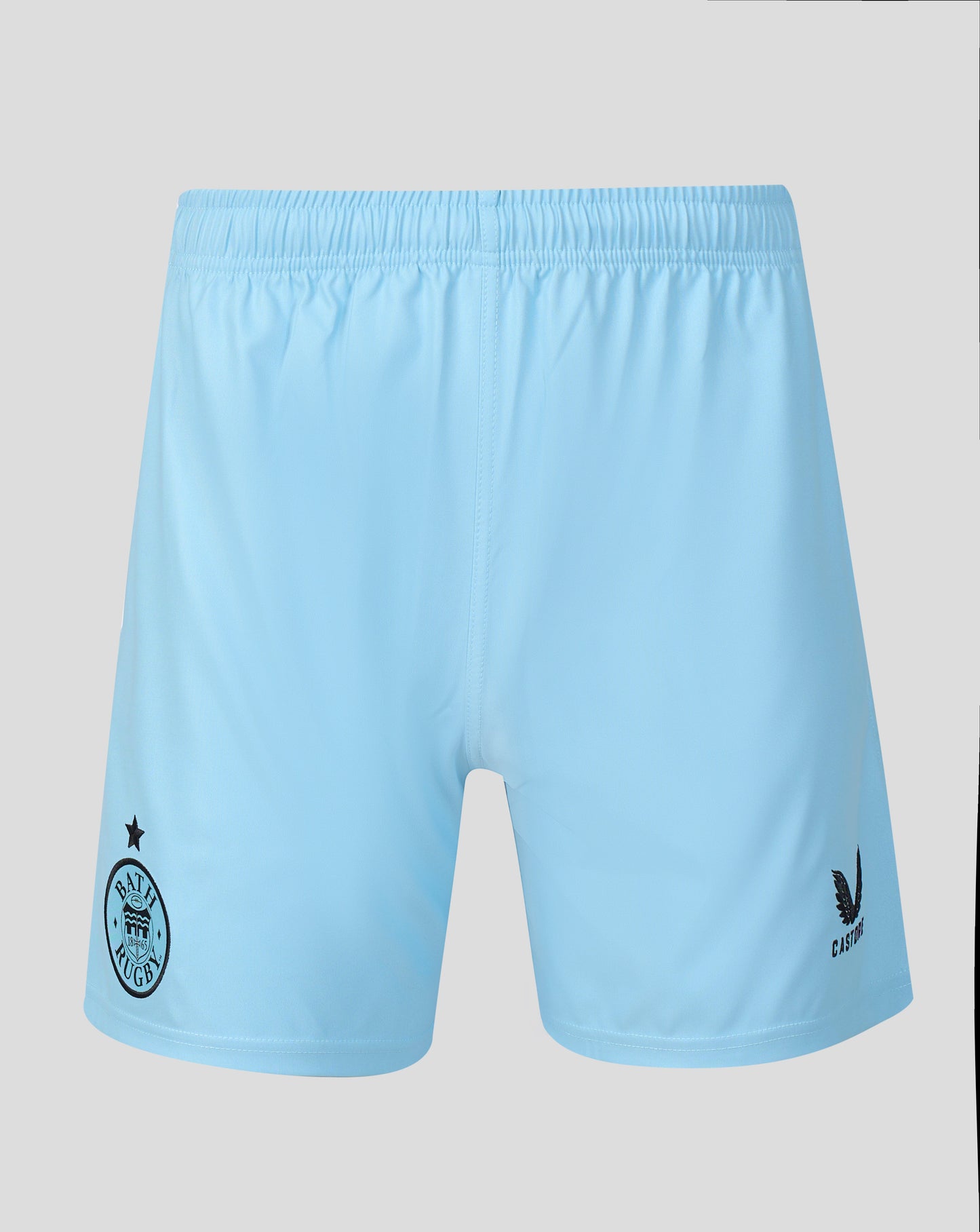 Light blue shorts with the Bath Rugby team crest on the left leg and the Adidas logo on the right leg, shown against a neutral gray background.
