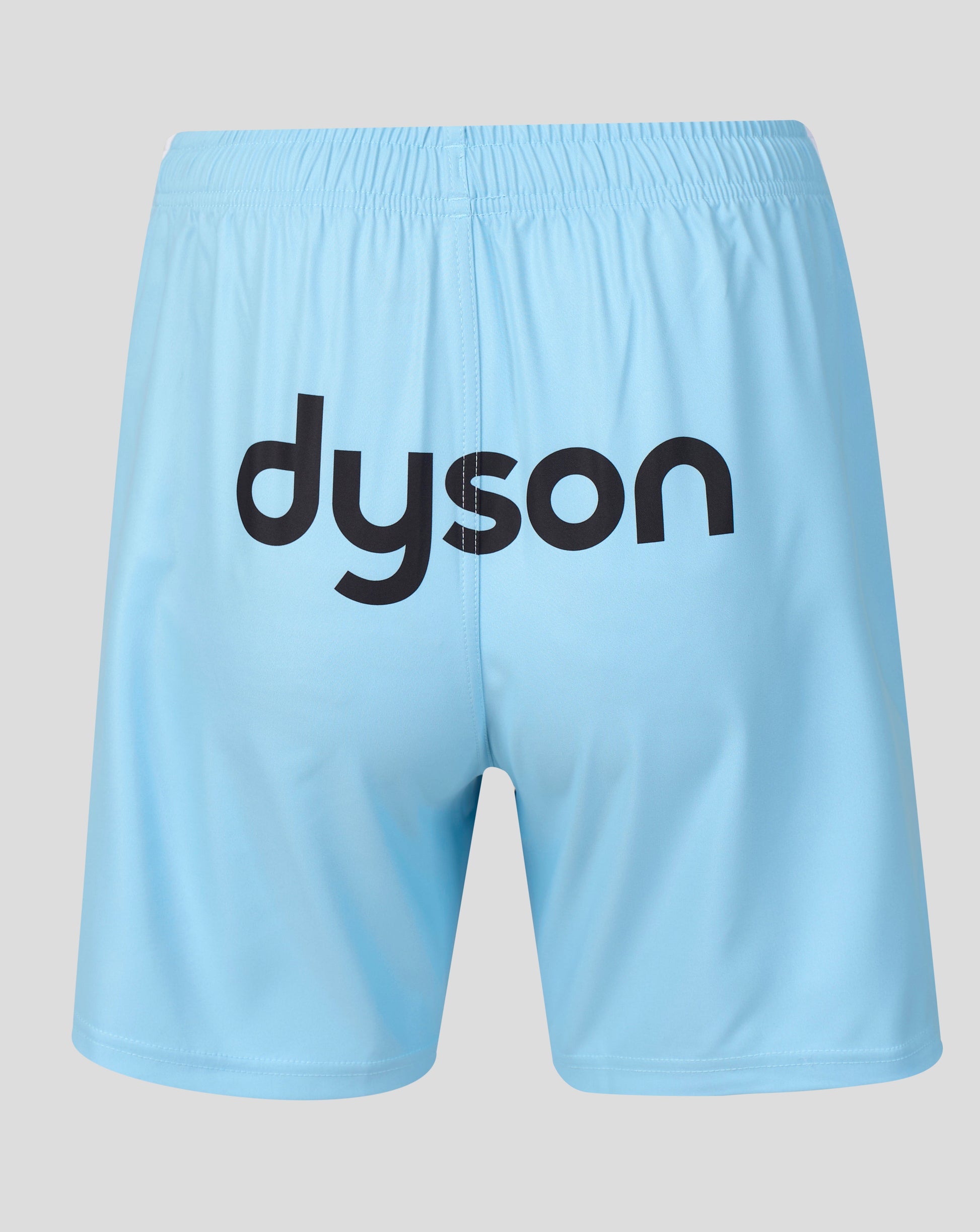 Light blue athletic shorts with the word 'dyson' printed in black across the front, shown on a plain light gray background.