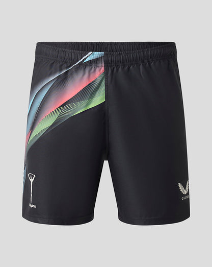 Black athletic shorts with a vibrant diagonal graphic stripe pattern in blue, green, and pink on the left side, featuring white logos on the lower left leg, shown against a solid gray background.