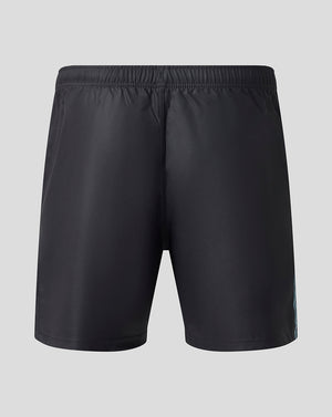 Black athletic shorts with an elastic waistband, shown from the back on a light gray background.