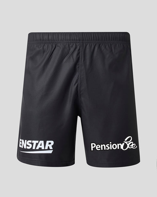 Black athletic shorts with white printed logos, featuring 'ENSTAR' on the left leg and 'Pension Bee' on the right leg, shown against a light gray background.