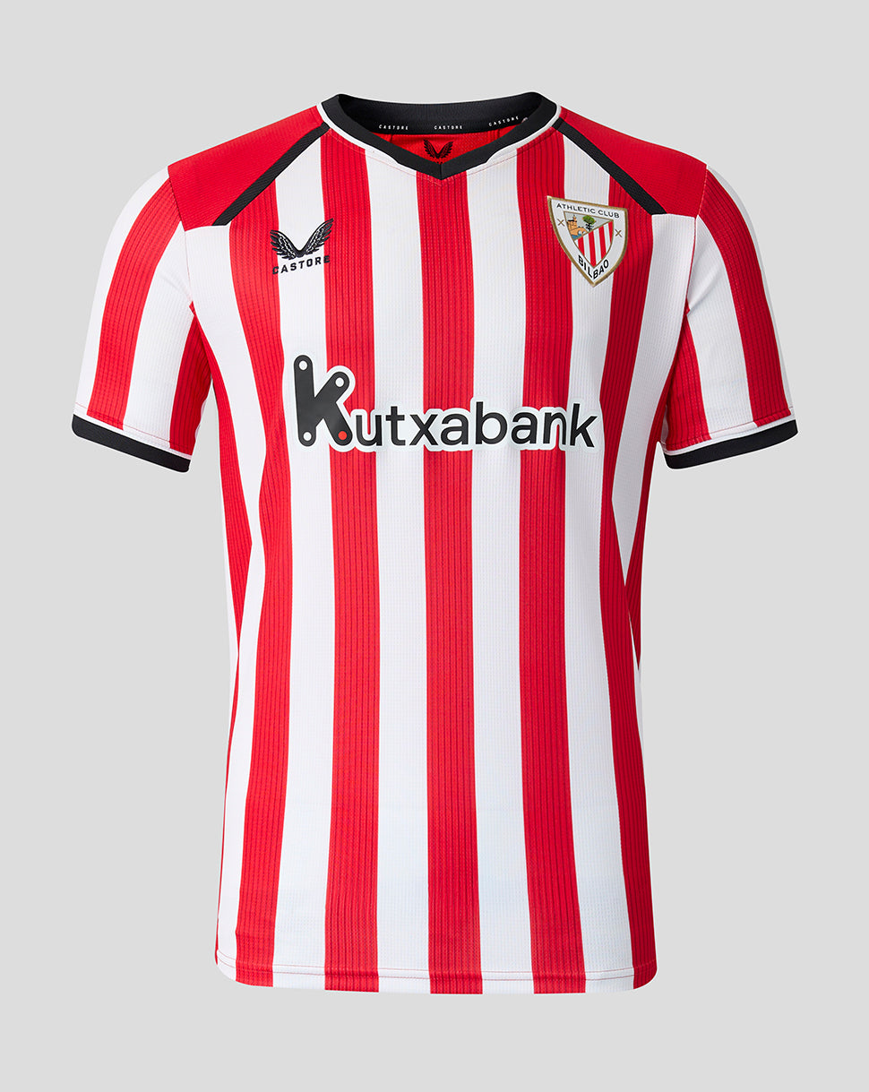 Athletic Club 26/27 home jersey with vertical red and white stripes crest and Kutxabank sponsor.