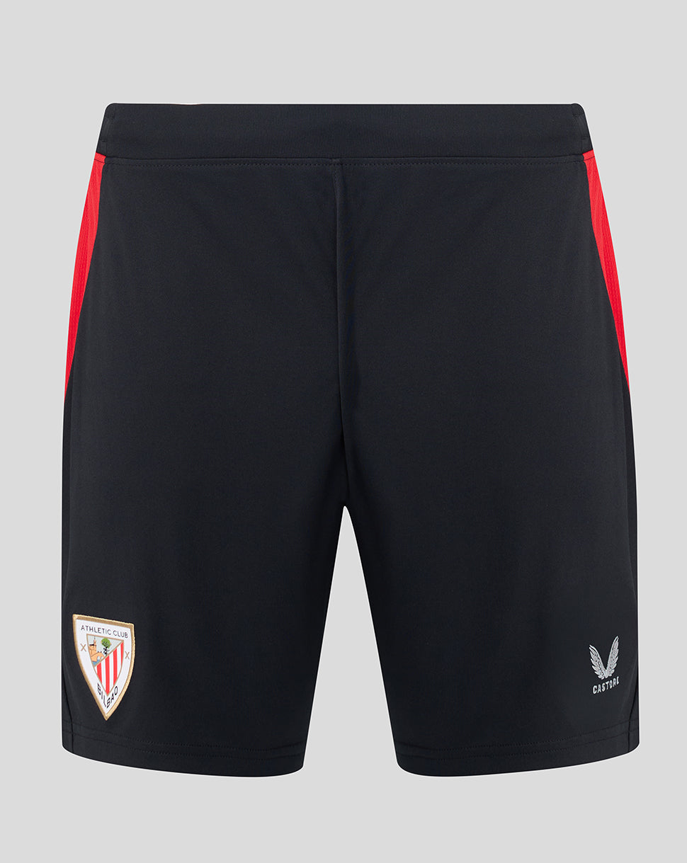Front view of black Athletic Club home shorts with red side panels and club crest on the left leg