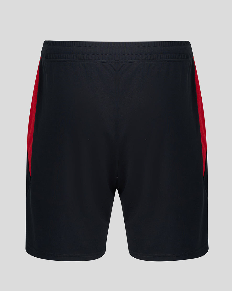 Back view of black Athletic Club home shorts with red side panels
