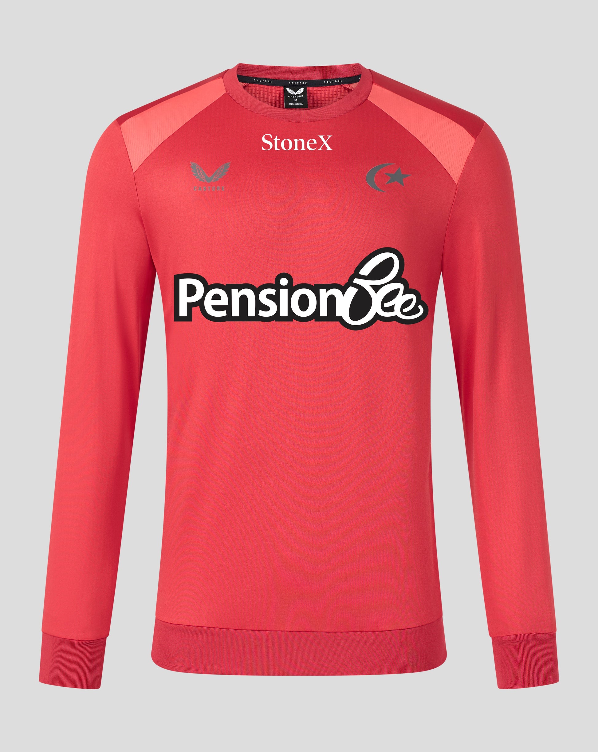 A red long-sleeve athletic crewneck sweatshirt with 'Pension Bee' printed across the chest, featuring 'StoneX' branding at the collar and a Saracens emblem on the left chest, shown against a solid gray background.