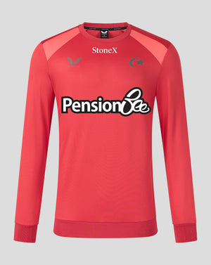 A red long-sleeve athletic crewneck sweatshirt with 'Pension Bee' printed across the chest, featuring 'StoneX' branding at the collar and a Saracens emblem on the left chest, shown against a solid gray background.