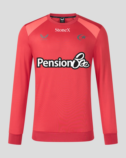 A red long-sleeve athletic crewneck sweatshirt with 'Pension Bee' printed across the chest, featuring 'StoneX' branding at the collar and a Saracens emblem on the left chest, shown against a solid gray background.