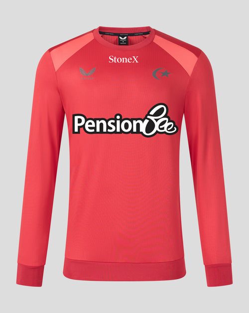 A red long-sleeve athletic crewneck sweatshirt with 'Pension Bee' printed across the chest, featuring 'StoneX' branding at the collar and a Saracens emblem on the left chest, shown against a solid gray background.