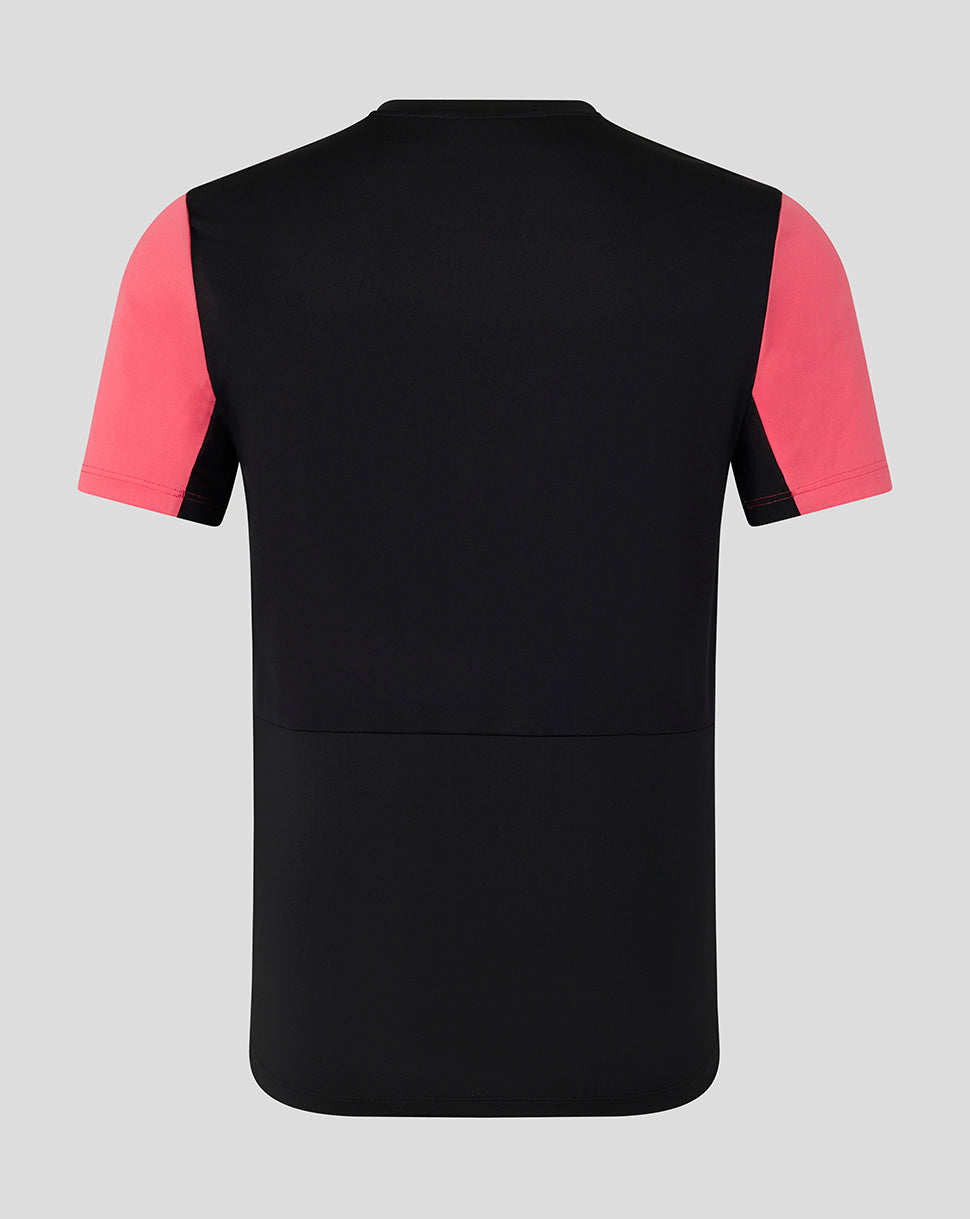 Black and pink short-sleeve shirt on a gray background