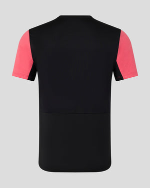 Black and pink short-sleeve shirt on a gray background