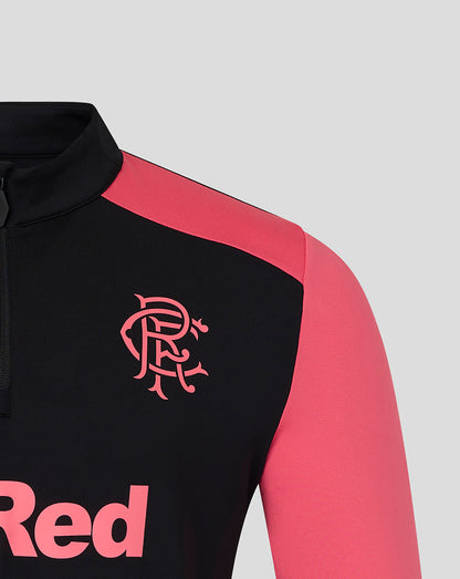 Black and pink sports jersey with a logo and text on a light gray background