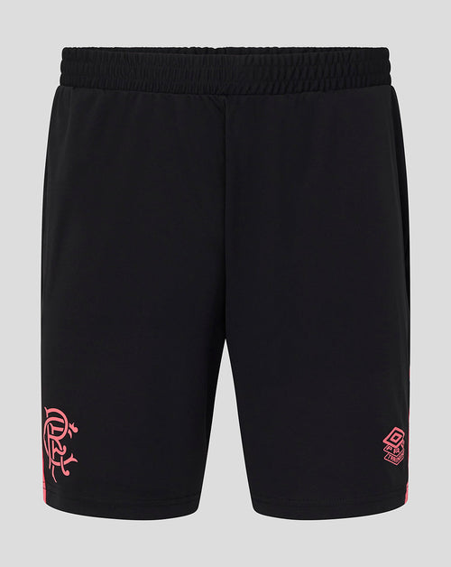 Black shorts with pink and white designs on a gray background