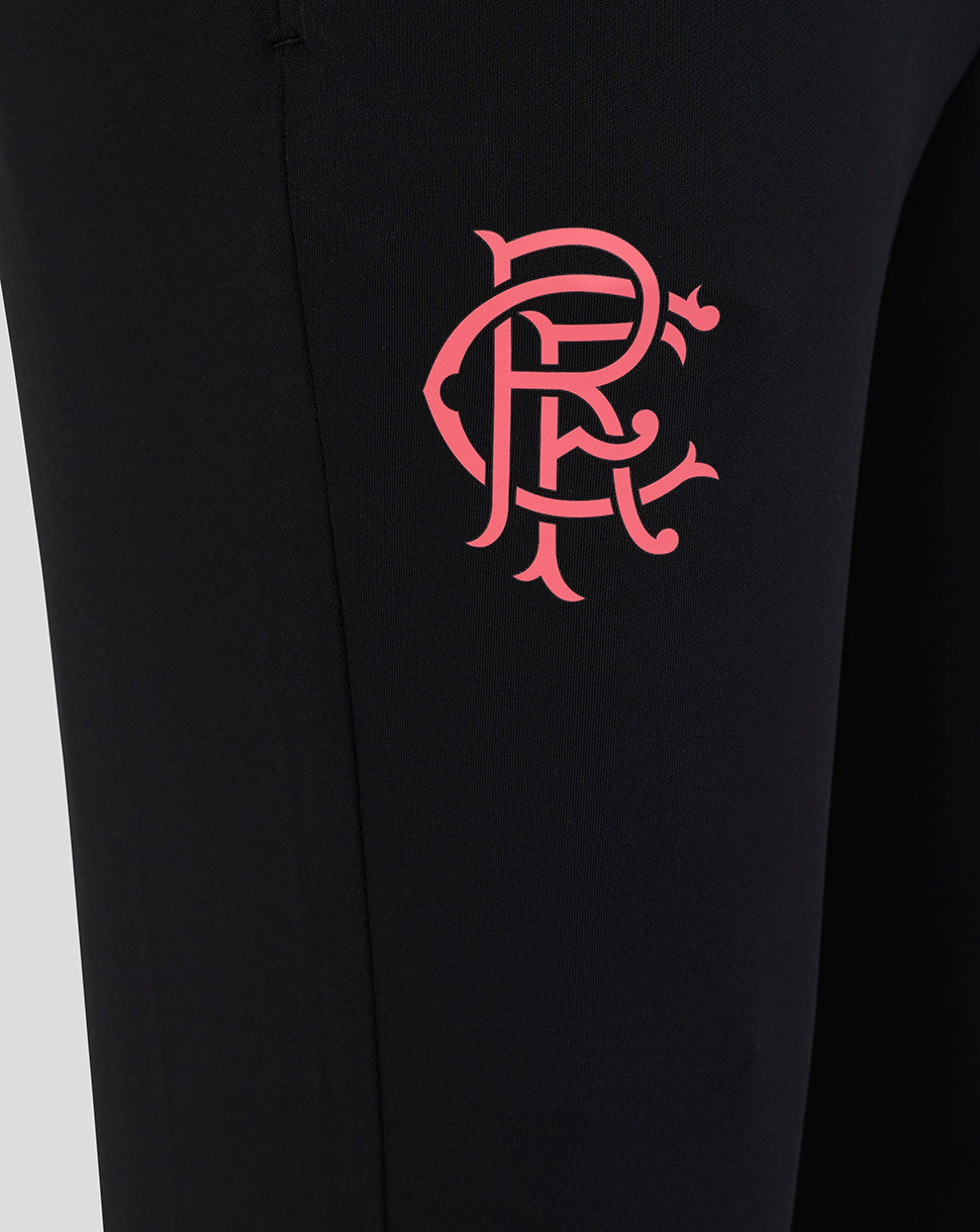 Black garment with a pink logo on a white background