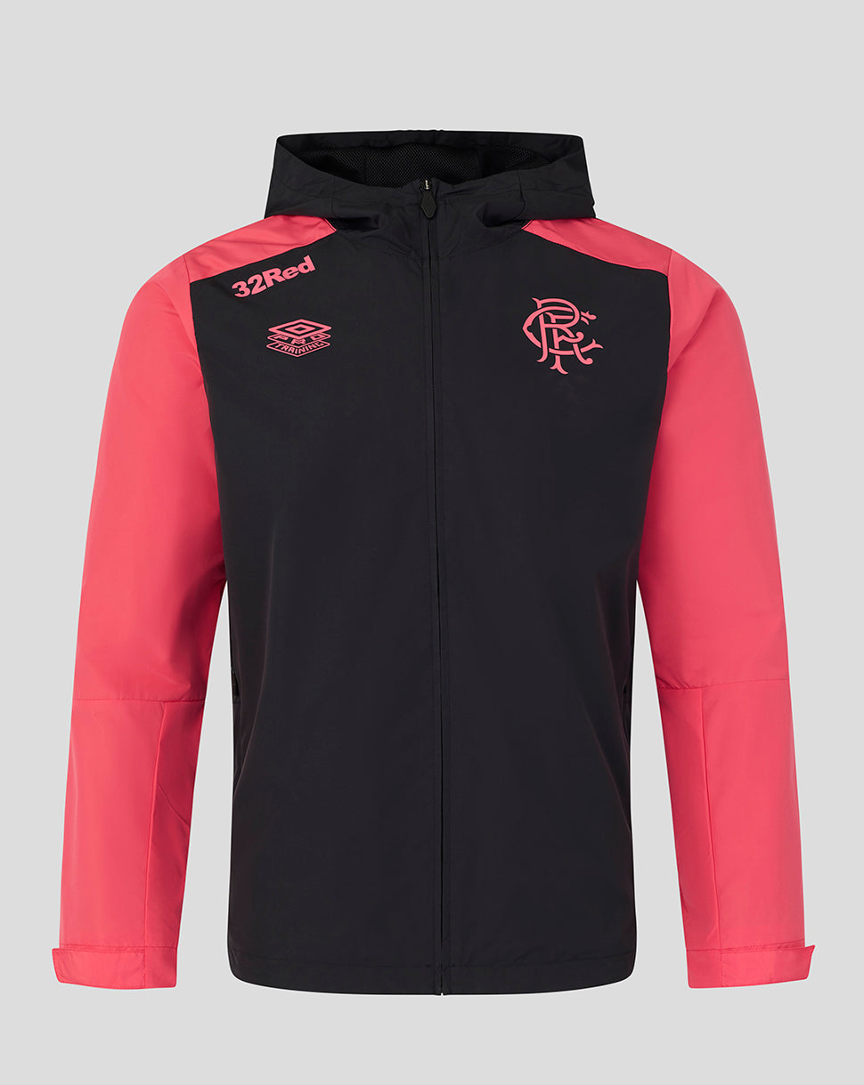 Black and red jacket with a logo on a gray background