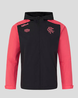 Black and red jacket with a logo on a gray background