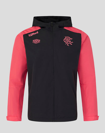 Black and red jacket with a logo on a gray background