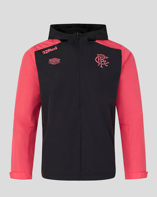 Black and red jacket with a logo on a gray background