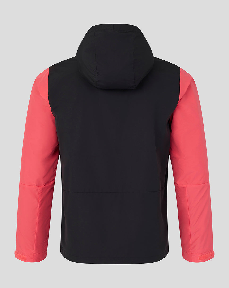 Black and red jacket with a hood on a light gray background