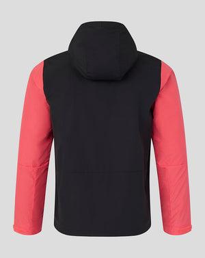 Black and red jacket with a hood on a light gray background