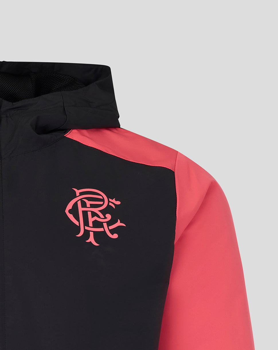 Black and red sports jacket with a logo on a light gray background