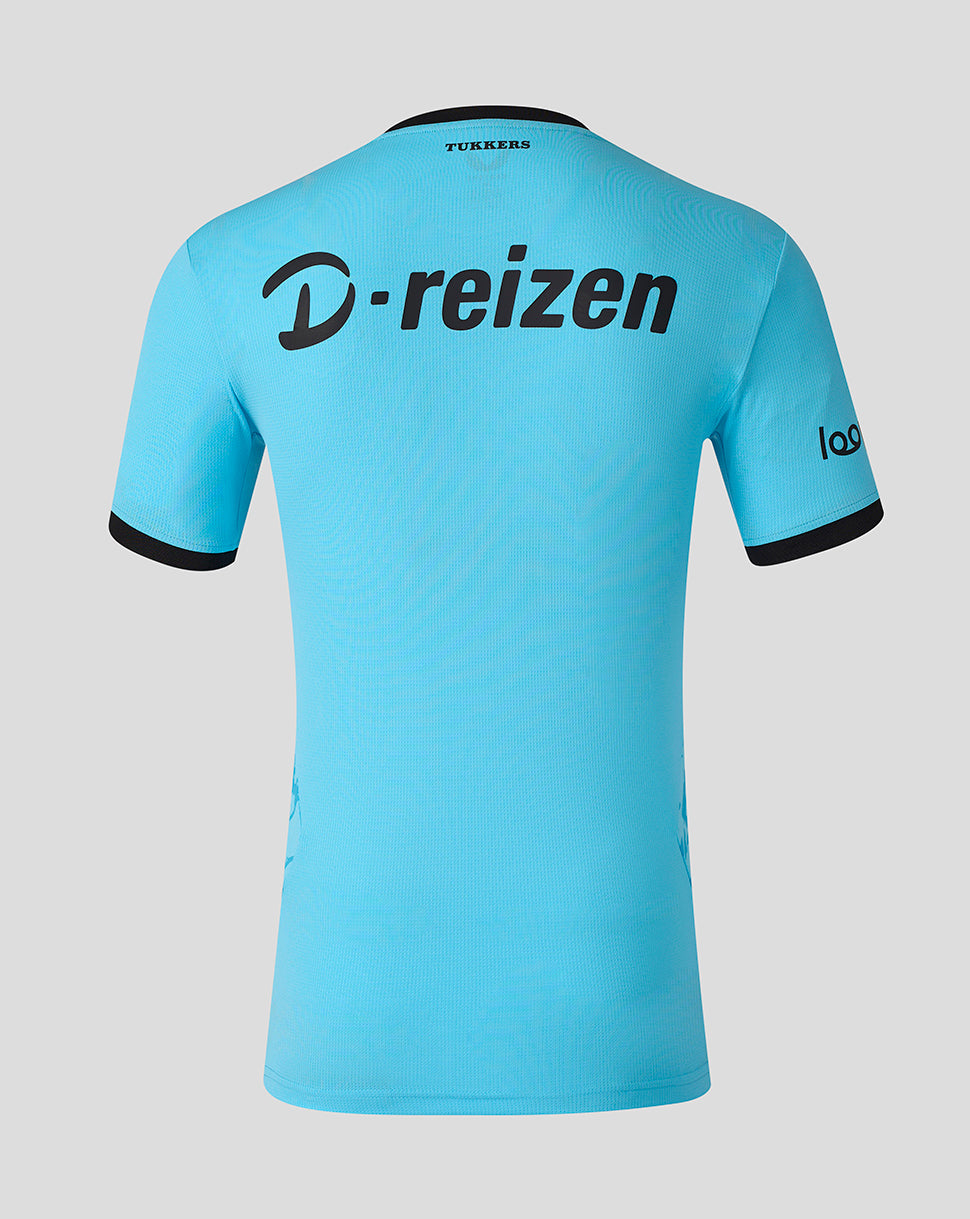 Back view of turquoise FC Twente 26/27 away goalkeeper shirt with large D-reizen logo across the back
