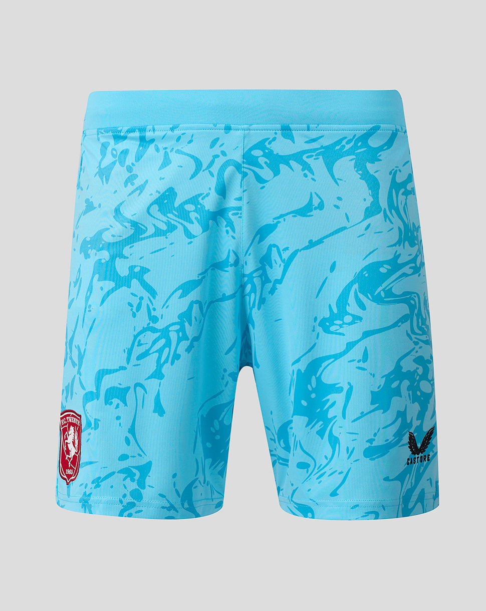 Front view of light blue FC Twente goalkeeper shorts with an abstract blue pattern and crest on the left leg.