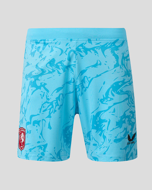Front view of light blue FC Twente goalkeeper shorts with an abstract blue pattern and crest on the left leg.