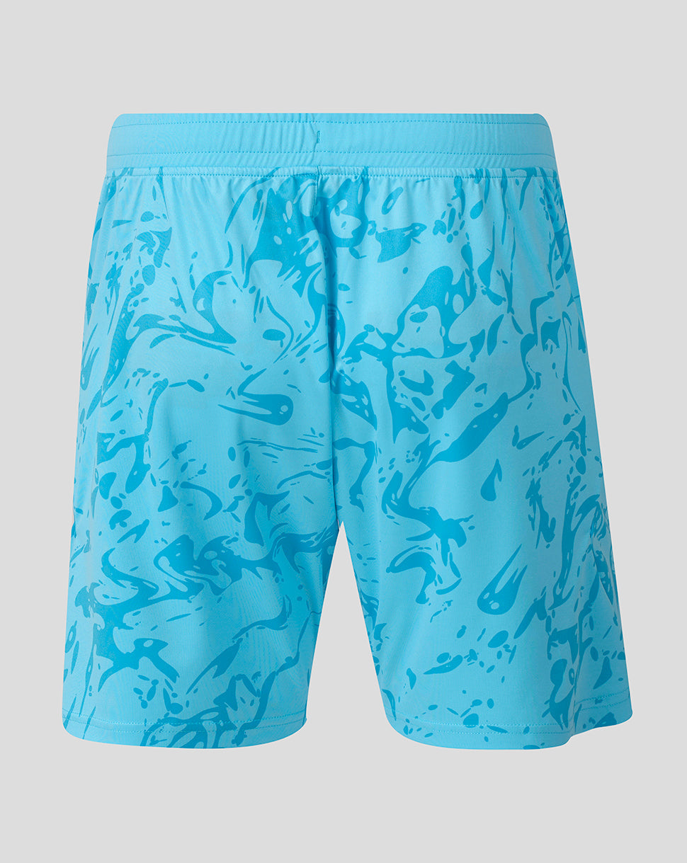 Back view of light blue FC Twente goalkeeper shorts with an abstract pattern and crest on the left leg.