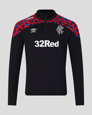A black long-sleeve half-zip training top featuring a red and blue patterned yoke, the Umbro logo on the right chest, the Rangers club crest on the left chest, and a large white 32Red sponsor logo across the center.