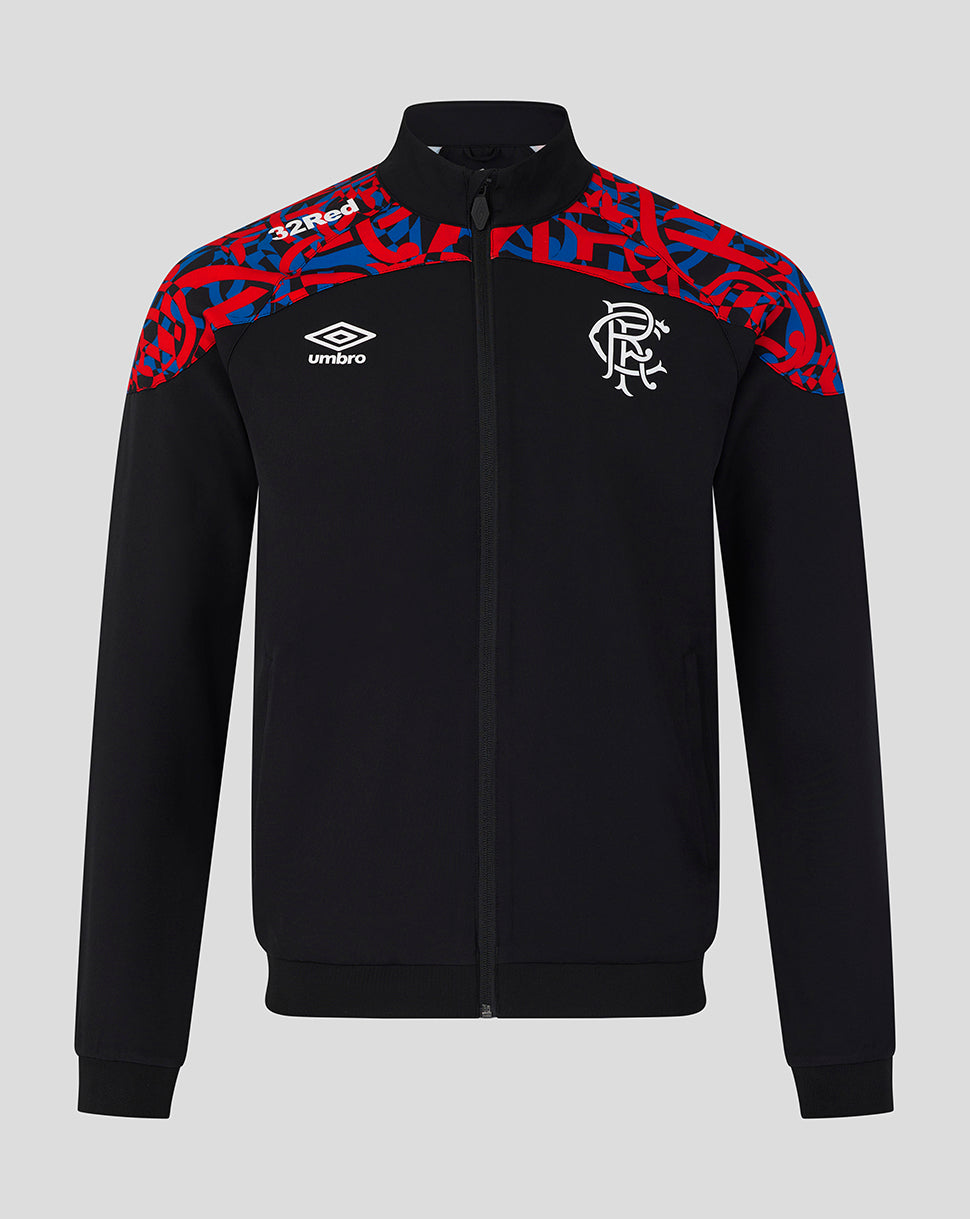 A black full-zip track jacket featuring a red and blue patterned yoke, the Umbro logo on the right chest, and the Rangers FC crest on the left chest, shown against a plain light gray background.