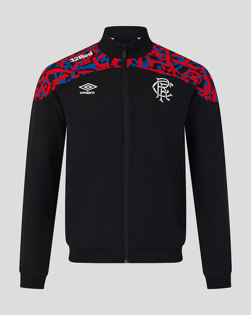 A black full-zip track jacket featuring a red and blue patterned yoke, the Umbro logo on the right chest, and the Rangers FC crest on the left chest, shown against a plain light gray background.