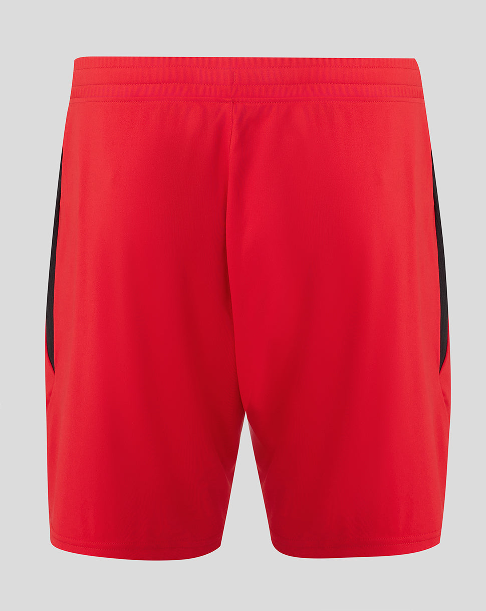 Back view of red Athletic Club shorts with a black side panel
