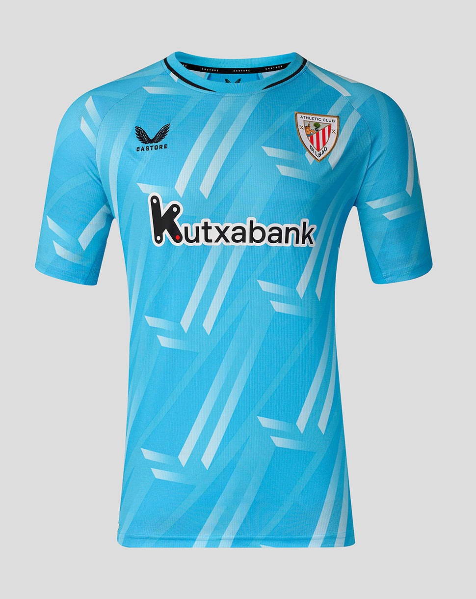 Light blue Athletic Club third kit shirt with geometric pattern, club crest and sponsor logo across the chest