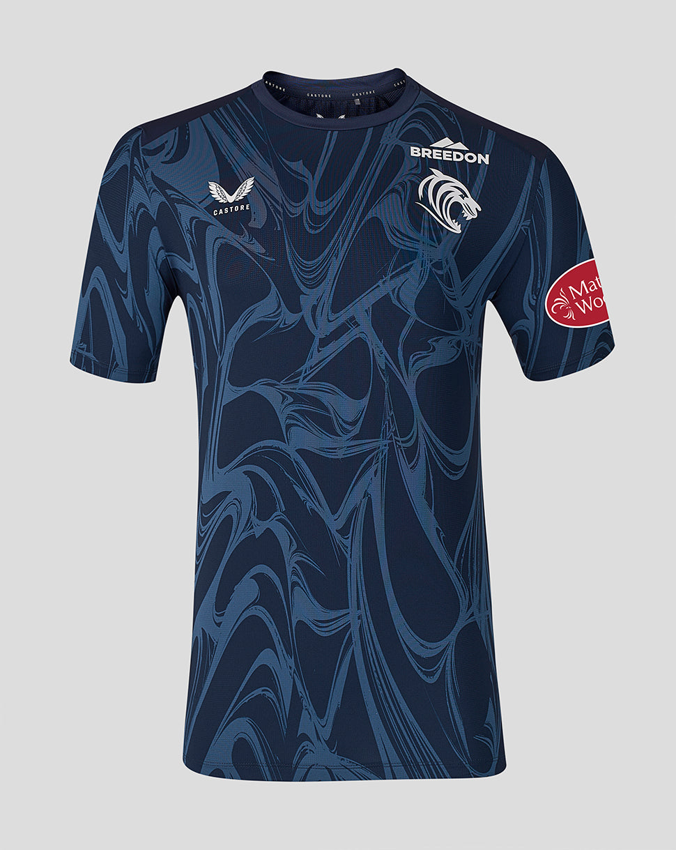A dark navy blue short-sleeve rugby jersey with a lighter blue marbled pattern, featuring the Bredon crest on the chest, a sponsor logo on the right sleeve, and a manufacturer logo on the left chest, shown against a light gray background.