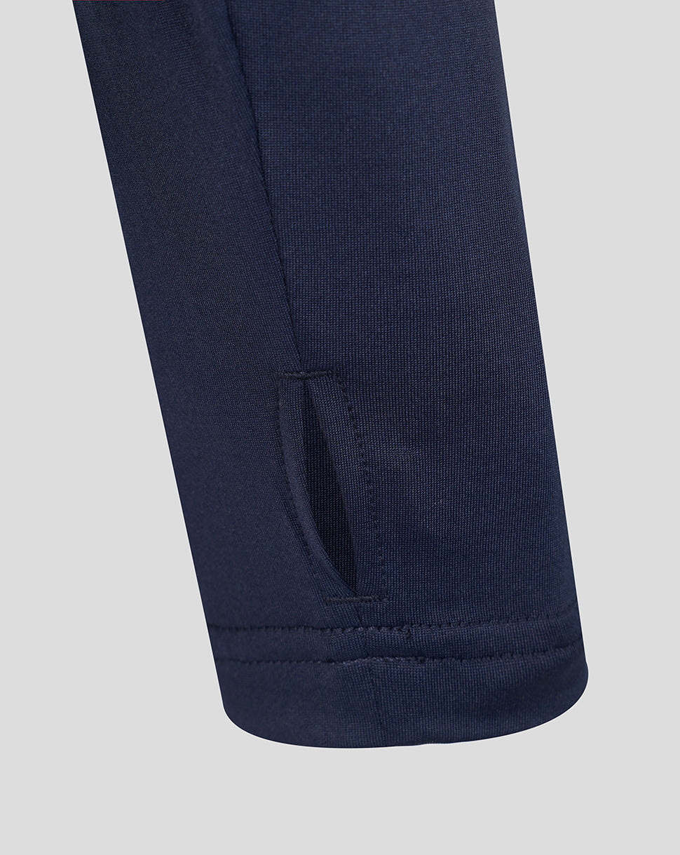 Close-up of a navy blue knit garment cuff with a small side tab detail, shown against a light gray background.