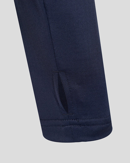 Close-up of a navy blue knit garment cuff with a small side tab detail, shown against a light gray background.