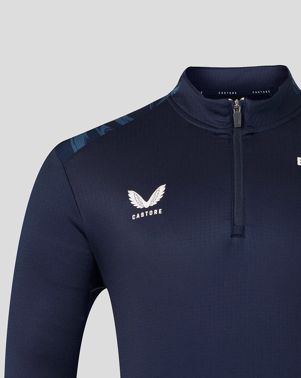 A close-up of a dark navy long-sleeve athletic quarter-zip pullover with a white winged logo and the brand name 'CASTORE' on the left chest, set against a light gray background.