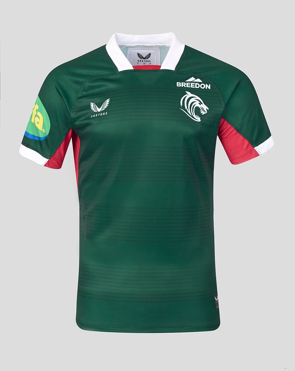 A dark green rugby jersey with white and red accents, featuring the word 'BREEDON' and a lion logo on the chest, photographed against a solid gray background.