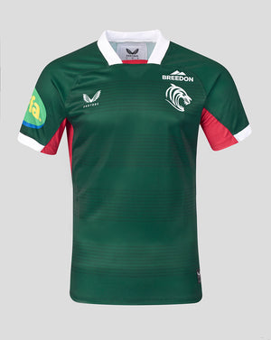 A dark green rugby jersey with white and red accents, featuring the word 'BREEDON' and a lion logo on the chest, photographed against a solid gray background.