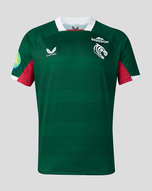 A green rugby jersey with red and white sleeve accents, featuring the Breedon logo and a white winged emblem on the chest, displayed against a solid gray background.