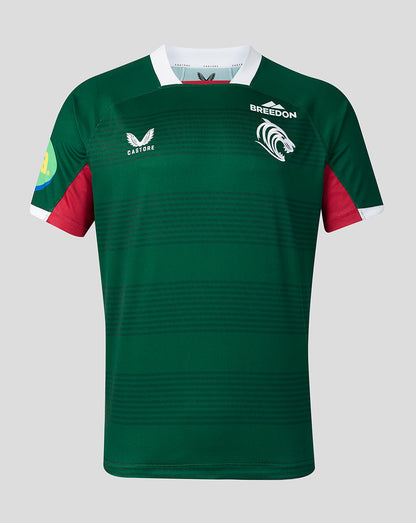 A green rugby jersey with red and white sleeve accents, featuring the Breedon logo and a white winged emblem on the chest, displayed against a solid gray background.