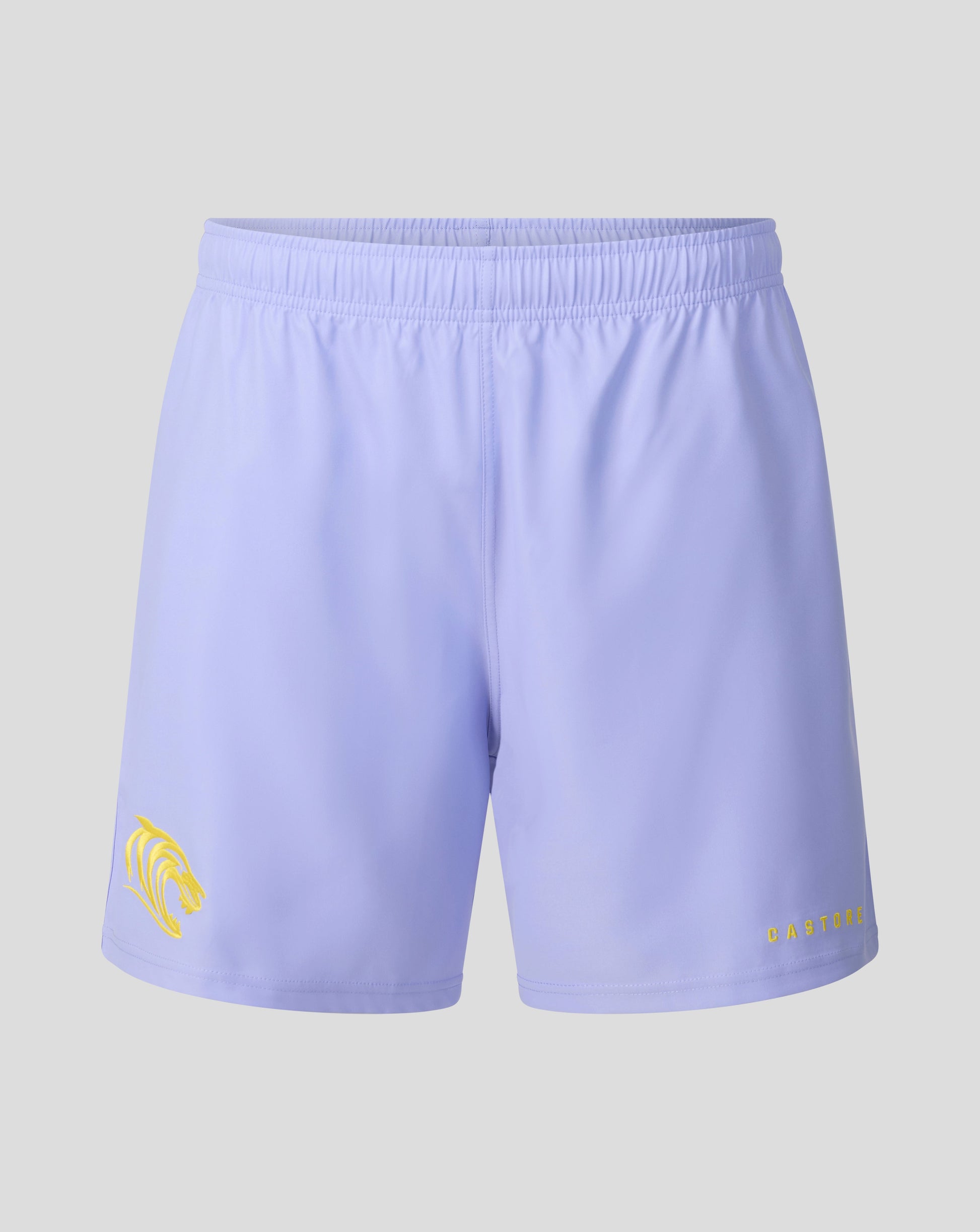 Light purple athletic shorts with a yellow graphic logo on the left leg and 'CASTORE' text on the right leg, shown against a neutral gray background.