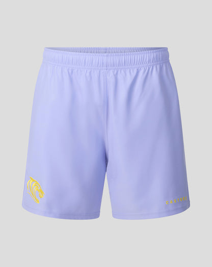 Light purple athletic shorts with a yellow graphic logo on the left leg and 'CLIP-TOO' text on the right leg, shown against a neutral gray background.