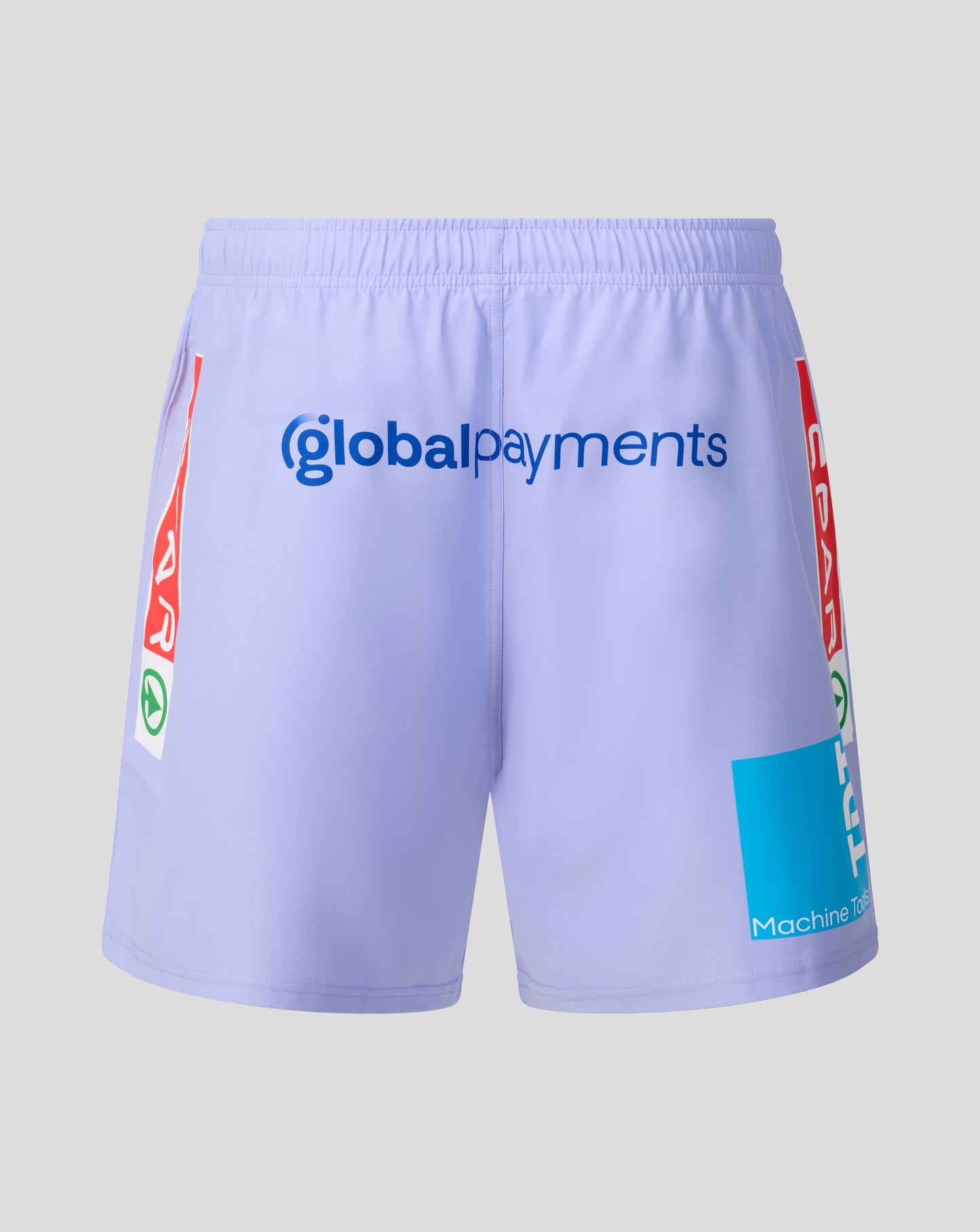 Light purple athletic shorts featuring 'globalpayments' printed in blue across the front, with red and green accents on the sides and a blue graphic on the lower left leg, shown against a neutral gray background.