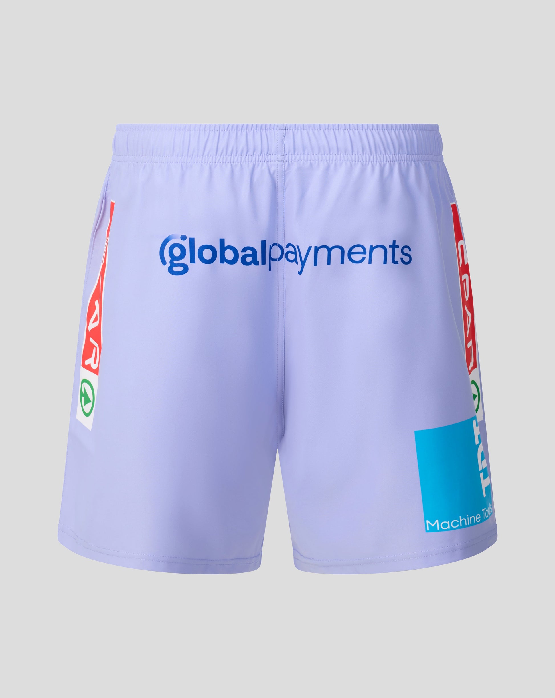 Light purple athletic shorts featuring 'globalpayments' printed in blue across the front, with red and green accents on the sides and a blue graphic on the lower left leg, shown against a neutral gray background.