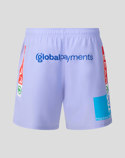 Light purple athletic shorts featuring 'globalpayments' printed in blue across the front, with red and green accents on the sides and a blue graphic on the lower left leg, shown against a neutral gray background.