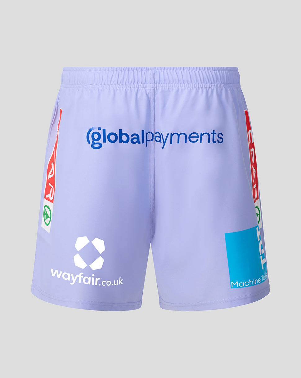 Light purple athletic shorts with sponsor logos including 'globalpayments', 'wayfair.co.