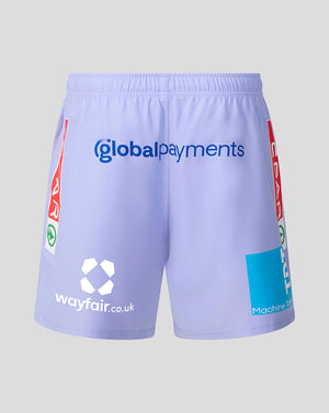 Light purple athletic shorts with sponsor logos including 'globalpayments', 'wayfair.co.