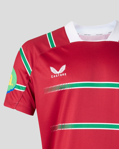A close-up of a red Castore short-sleeve sports jersey with green and white stripes, featuring the brand's winged logo on the chest.